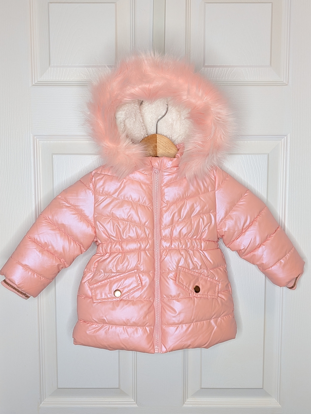 NWOT George Baby Girl Light Pink Faux-Fur Hooded Puffer Coat Size 6-12M